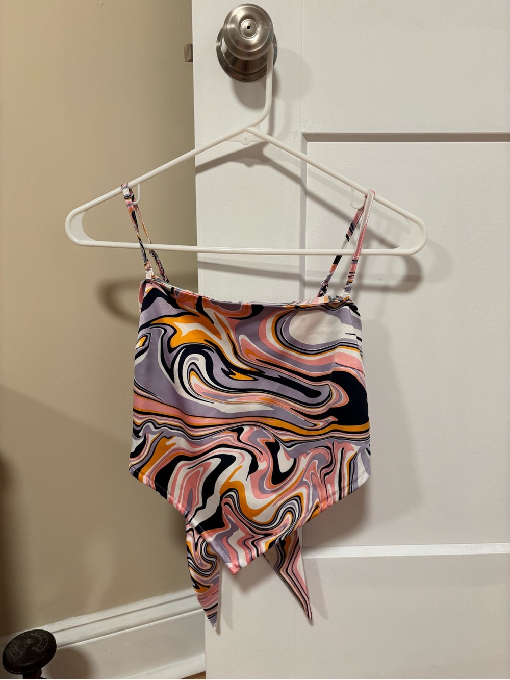Y2K Inspired Pink Multicolor Swirl Handkerchief Hem Cami Top